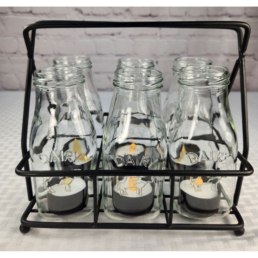 6 Glass Cow Milk Bottles Metal Crate Tealights Included Farm Chic Rustic Decor